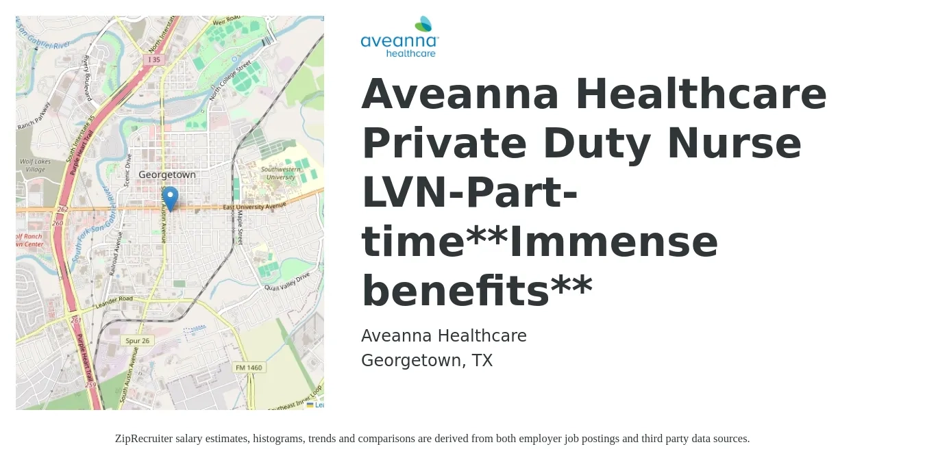 Aveanna Healthcare job posting for a Aveanna Healthcare Private Duty Nurse LVN-Part-time**Immense benefits** in Georgetown, TX with a salary of $1,110 to $1,570 Weekly with a map of Georgetown location.