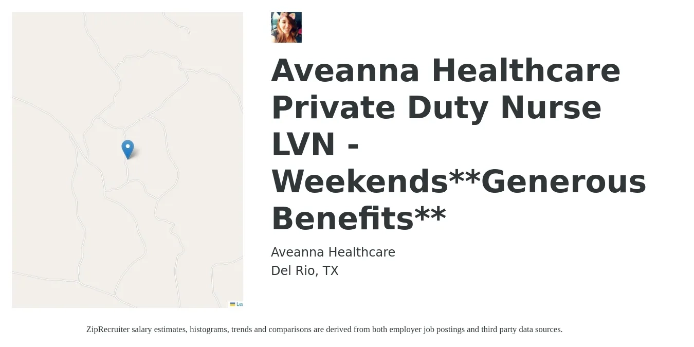 Aveanna Healthcare job posting for a Aveanna Healthcare Private Duty Nurse LVN - Weekends**Generous Benefits** in Del Rio, TX with a salary of $1,100 to $1,550 Weekly with a map of Del Rio location.