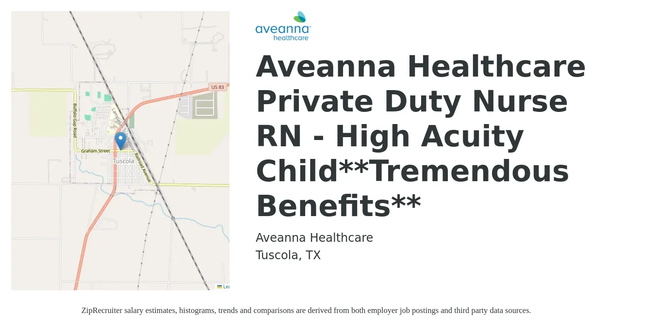 Aveanna Healthcare job posting for a Aveanna Healthcare Private Duty Nurse RN - High Acuity Child**Tremendous Benefits** in Tuscola, TX with a salary of $23 to $30 Hourly with a map of Tuscola location.