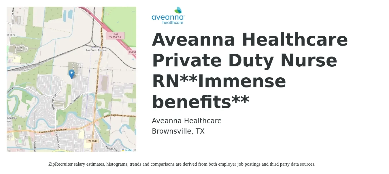 Aveanna Healthcare job posting for a Aveanna Healthcare Private Duty Nurse RN**Immense benefits** in Brownsville, TX with a salary of $24 to $30 Hourly with a map of Brownsville location.