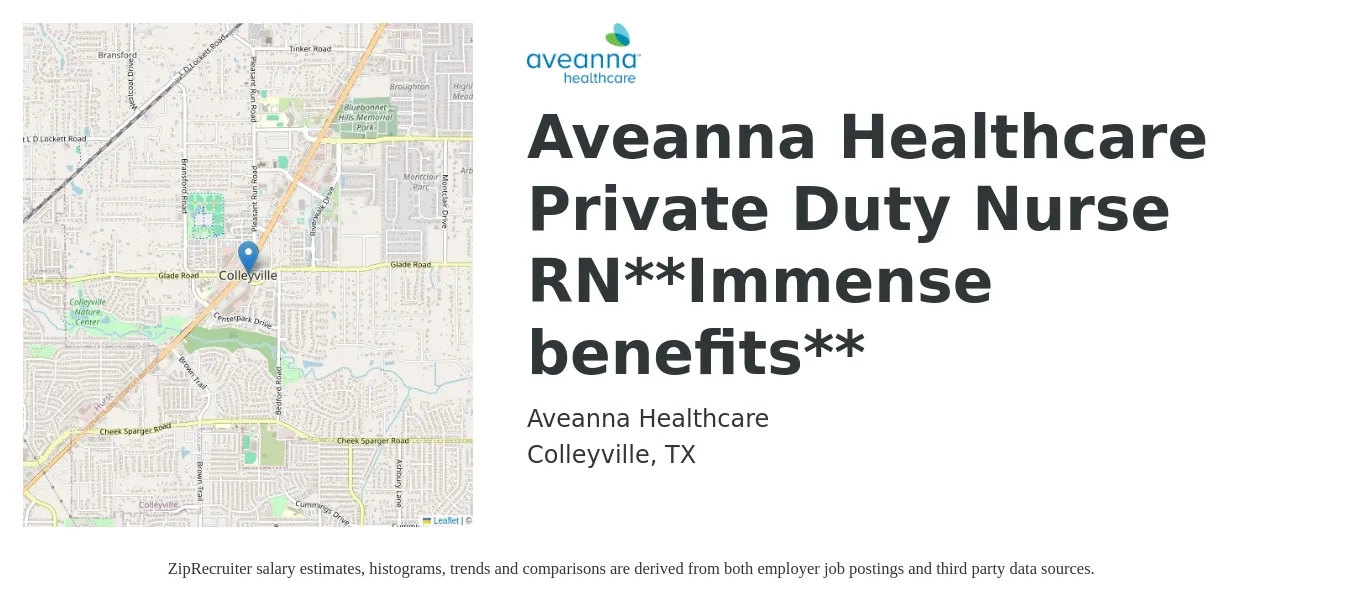 Aveanna Healthcare job posting for a Aveanna Healthcare Private Duty Nurse RN**Immense benefits** in Colleyville, TX with a salary of $24 to $32 Hourly with a map of Colleyville location.
