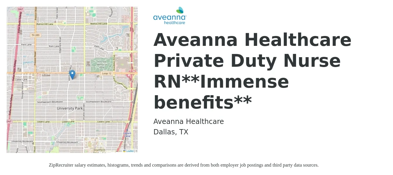 Aveanna Healthcare job posting for a Aveanna Healthcare Private Duty Nurse RN**Immense benefits** in Dallas, TX with a salary of $27 to $35 Hourly with a map of Dallas location.