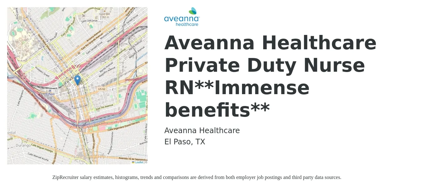 Aveanna Healthcare job posting for a Aveanna Healthcare Private Duty Nurse RN**Immense benefits** in El Paso, TX with a salary of $25 to $32 Hourly with a map of El Paso location.