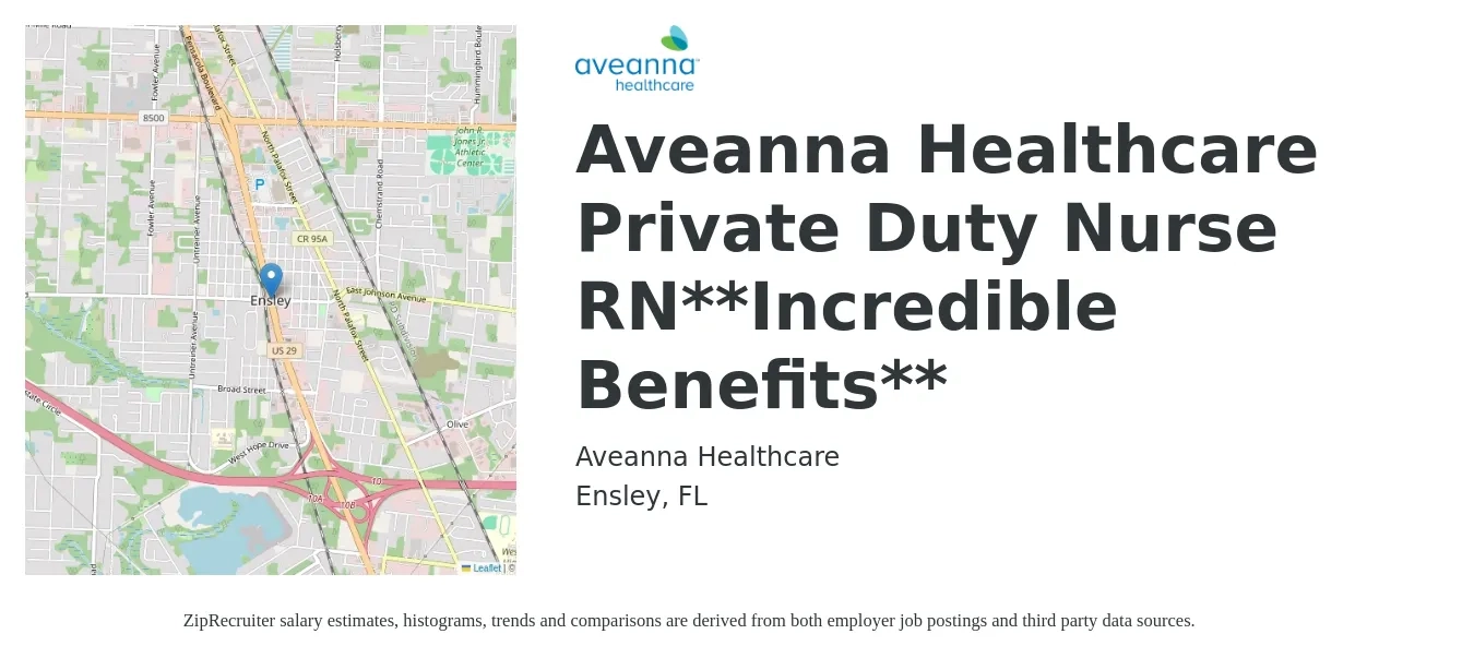 Aveanna Healthcare job posting for a Aveanna Healthcare Private Duty Nurse RN**Incredible Benefits** in Ensley, FL with a salary of $26 to $33 Hourly with a map of Ensley location.