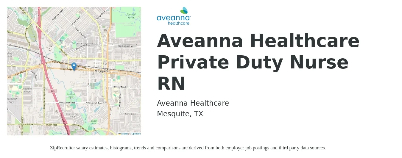 Aveanna Healthcare job posting for a Aveanna Healthcare Private Duty Nurse RN in Mesquite, TX with a salary of $25 to $32 Hourly with a map of Mesquite location.