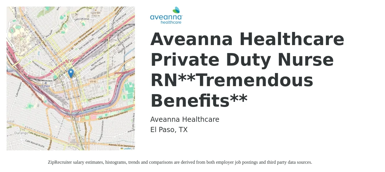 Aveanna Healthcare job posting for a Aveanna Healthcare Private Duty Nurse RN**Tremendous Benefits** in El Paso, TX with a salary of $25 to $32 Hourly with a map of El Paso location.