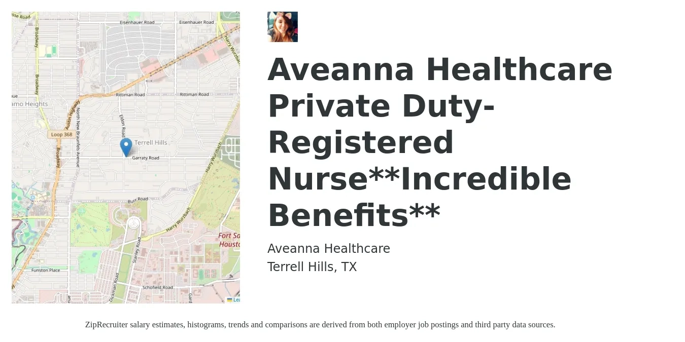 Aveanna Healthcare job posting for a Aveanna Healthcare Private Duty-Registered Nurse**Incredible Benefits** in Terrell Hills, TX with a salary of $30 to $34 Hourly with a map of Terrell Hills location.