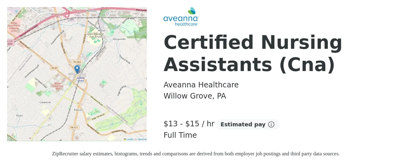 Aveanna Healthcare job posting for a Certified Nursing Assistants (Cna) in Willow Grove, PA with a salary of $14 to $16 Hourly with a map of Willow Grove location.