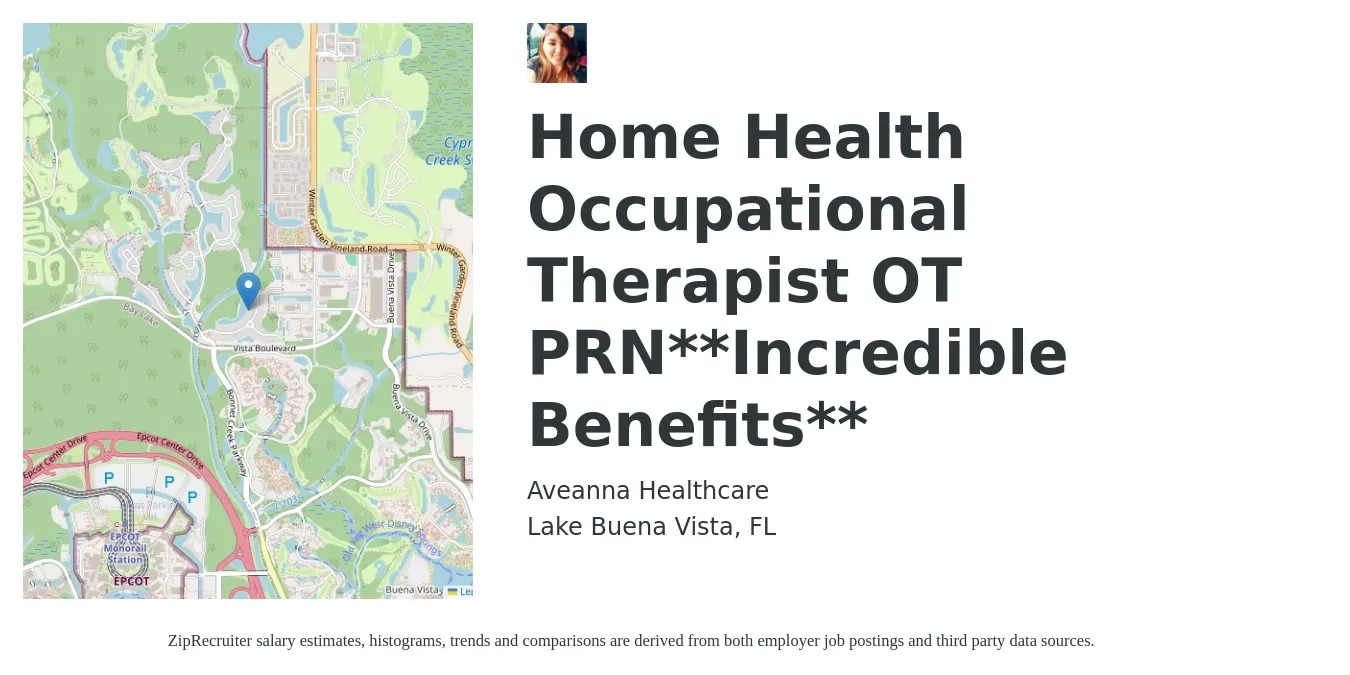 Aveanna Healthcare job posting for a Home Health Occupational Therapist OT PRN**Incredible Benefits** in Lake Buena Vista, FL with a salary of $40 to $50 Hourly with a map of Lake Buena Vista location.
