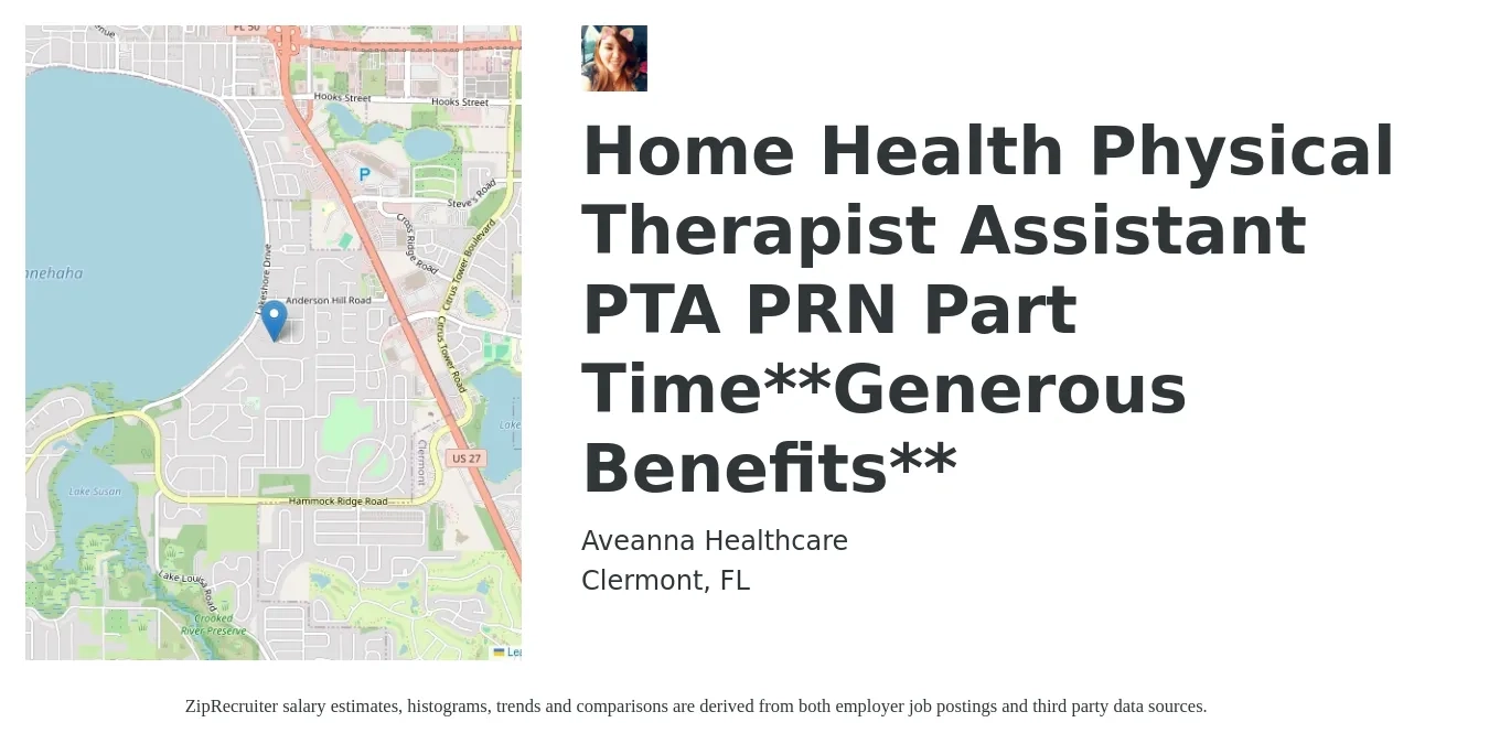 Aveanna Healthcare job posting for a Home Health Physical Therapist Assistant PTA PRN Part Time**Generous Benefits** in Clermont, FL with a salary of $25 to $33 Hourly with a map of Clermont location.