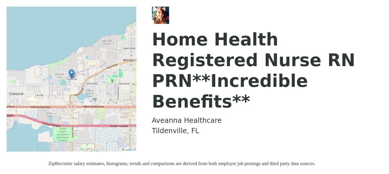 Aveanna Healthcare job posting for a Home Health Registered Nurse RN PRN**Incredible Benefits** in Tildenville, FL with a salary of $1,400 to $2,100 Weekly with a map of Tildenville location.