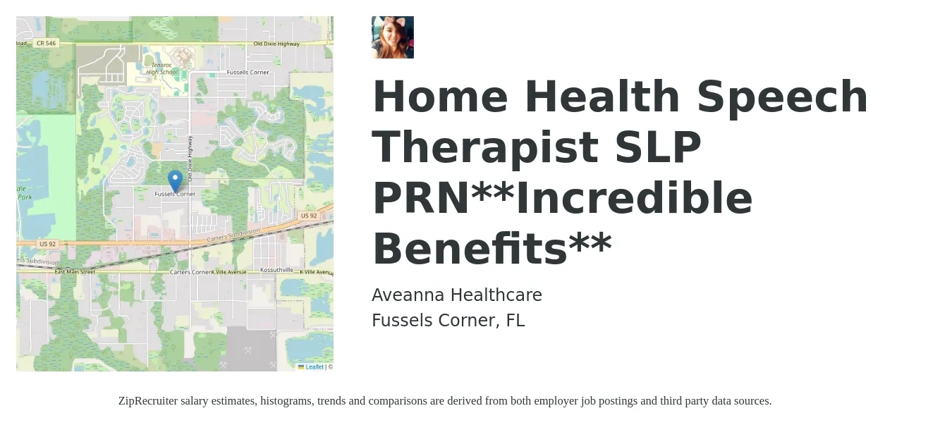 Aveanna Healthcare job posting for a Home Health Speech Therapist SLP PRN**Incredible Benefits** in Fussels Corner, FL with a salary of $36 to $48 Hourly with a map of Fussels Corner location.