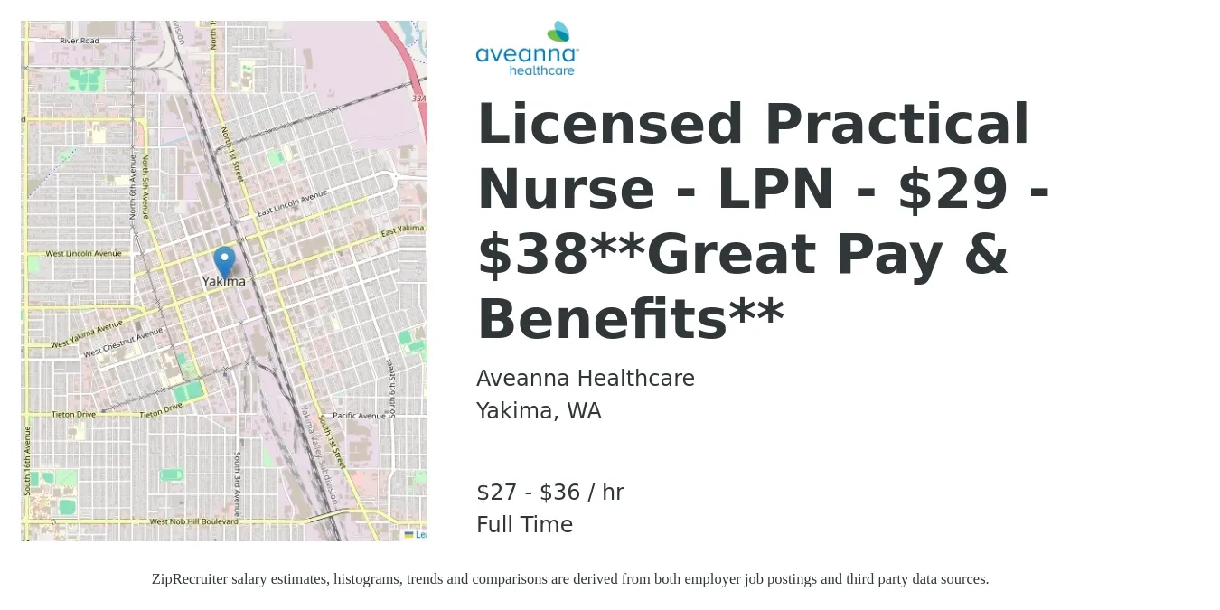 Aveanna Healthcare job posting for a Licensed Practical Nurse - LPN - $29 - $38**Great Pay & Benefits** in Yakima, WA with a salary of $29 to $38 Hourly with a map of Yakima location.
