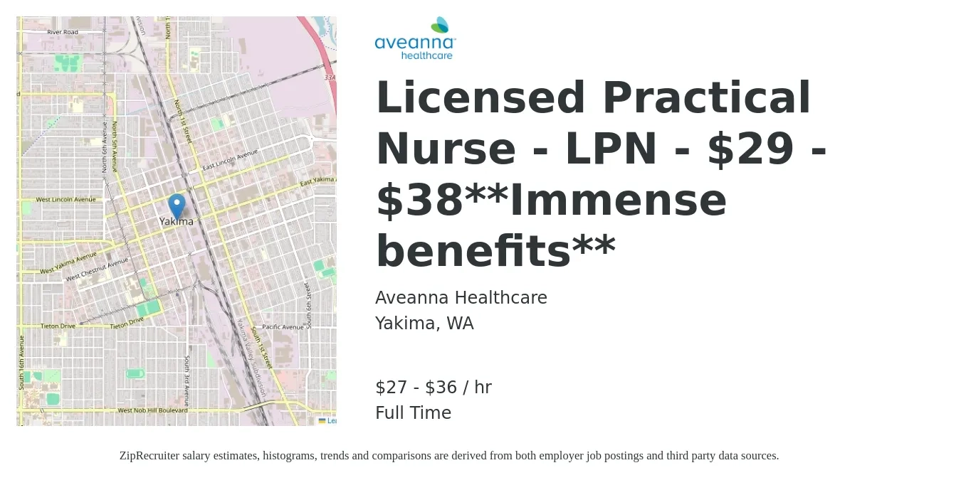 Aveanna Healthcare job posting for a Licensed Practical Nurse - LPN - $29 - $38**Immense benefits** in Yakima, WA with a salary of $29 to $38 Hourly with a map of Yakima location.