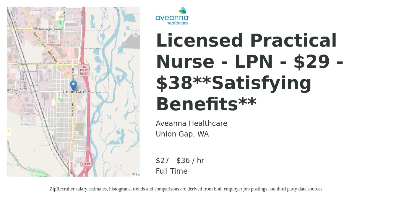 Aveanna Healthcare job posting for a Licensed Practical Nurse - LPN - $29 - $38**Satisfying Benefits** in Union Gap, WA with a salary of $29 to $38 Hourly with a map of Union Gap location.