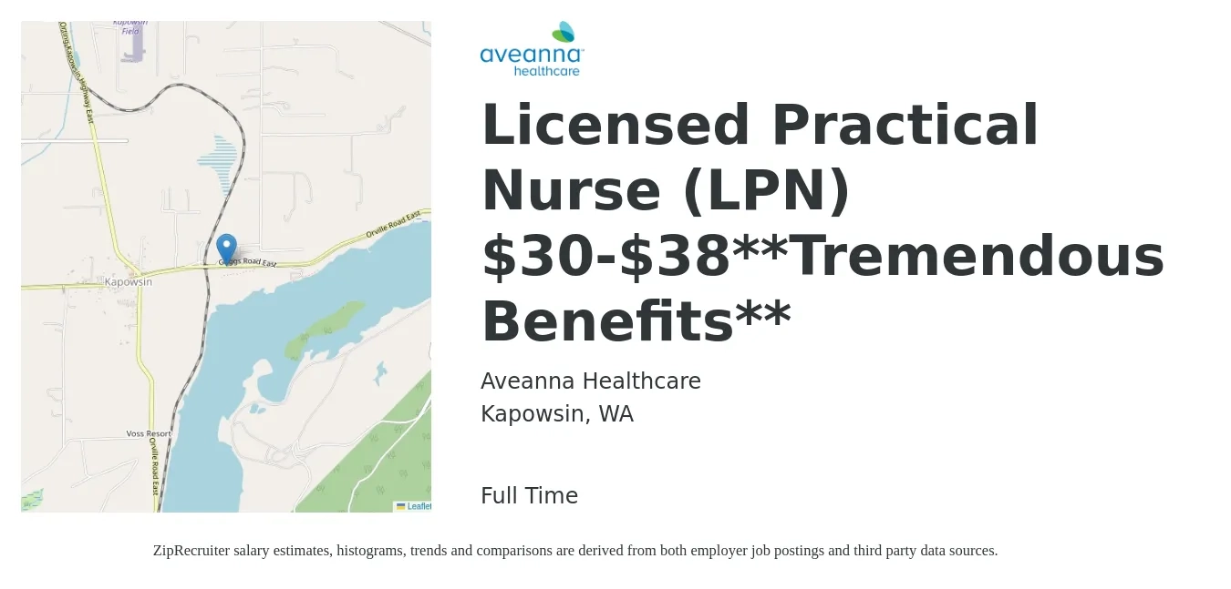 Aveanna Healthcare job posting for a Licensed Practical Nurse (LPN) $30-$38**Tremendous Benefits** in Kapowsin, WA with a salary of $26 to $35 Hourly with a map of Kapowsin location.