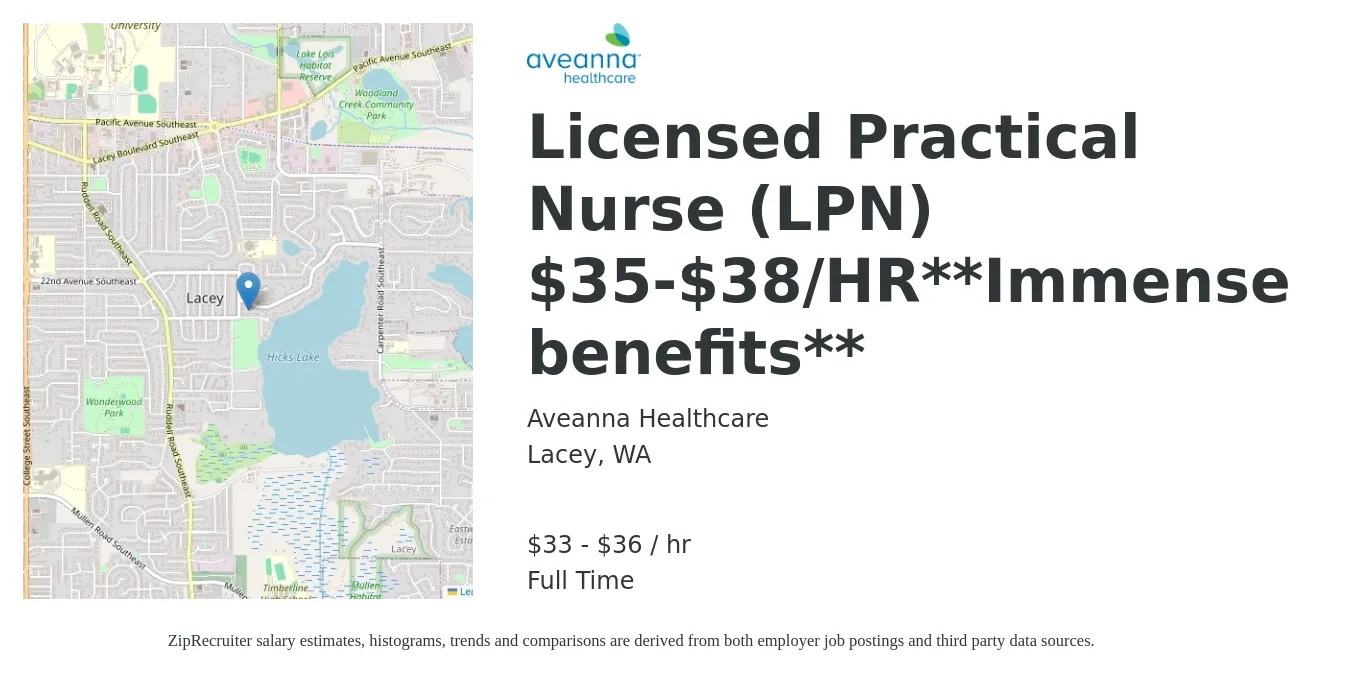 Aveanna Healthcare job posting for a Licensed Practical Nurse (LPN) $35-$38/HR**Immense benefits** in Lacey, WA with a salary of $35 to $38 Hourly with a map of Lacey location.