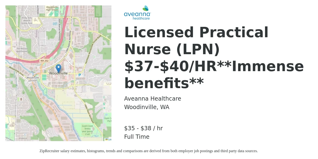 Aveanna Healthcare job posting for a Licensed Practical Nurse (LPN) $37-$40/HR**Immense benefits** in Woodinville, WA with a salary of $37 to $40 Hourly with a map of Woodinville location.