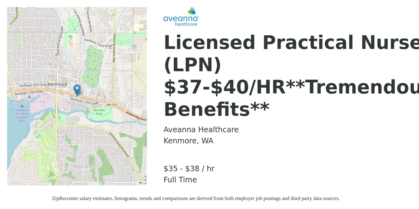 Aveanna Healthcare job posting for a Licensed Practical Nurse (LPN) $37-$40/HR**Tremendous Benefits** in Kenmore, WA with a salary of $37 to $40 Hourly with a map of Kenmore location.