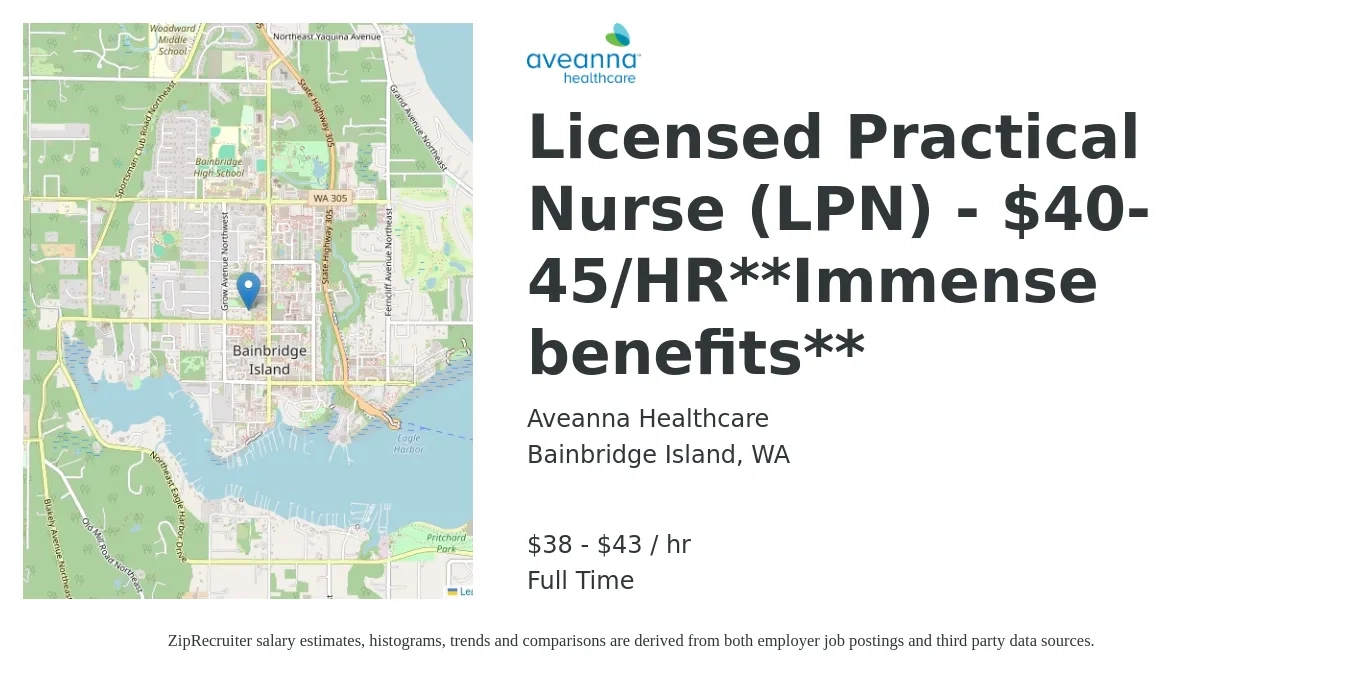Aveanna Healthcare job posting for a Licensed Practical Nurse (LPN) - $40-45/HR**Immense benefits** in Bainbridge Island, WA with a salary of $40 to $45 Hourly with a map of Bainbridge Island location.