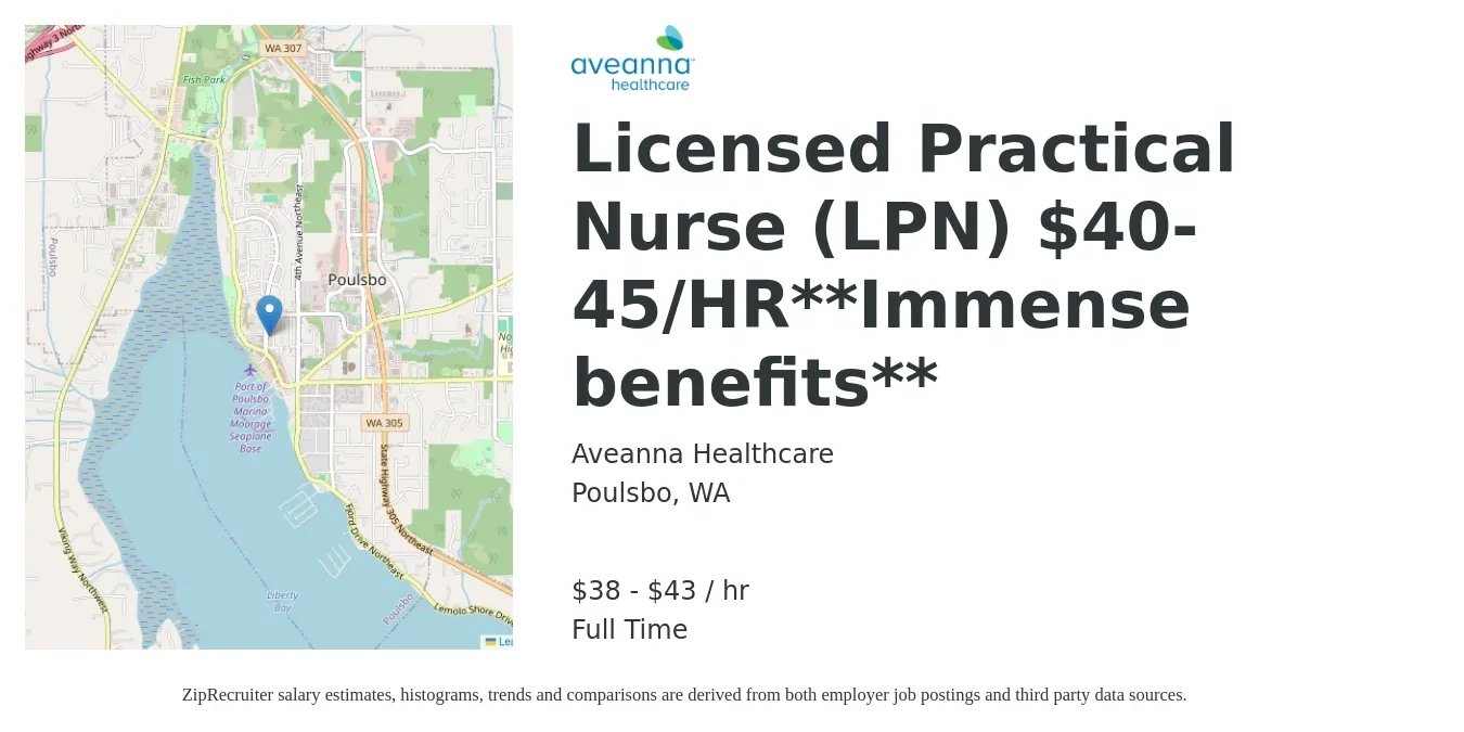 Aveanna Healthcare job posting for a Licensed Practical Nurse (LPN) $40-45/HR**Immense benefits** in Poulsbo, WA with a salary of $40 to $45 Hourly with a map of Poulsbo location.