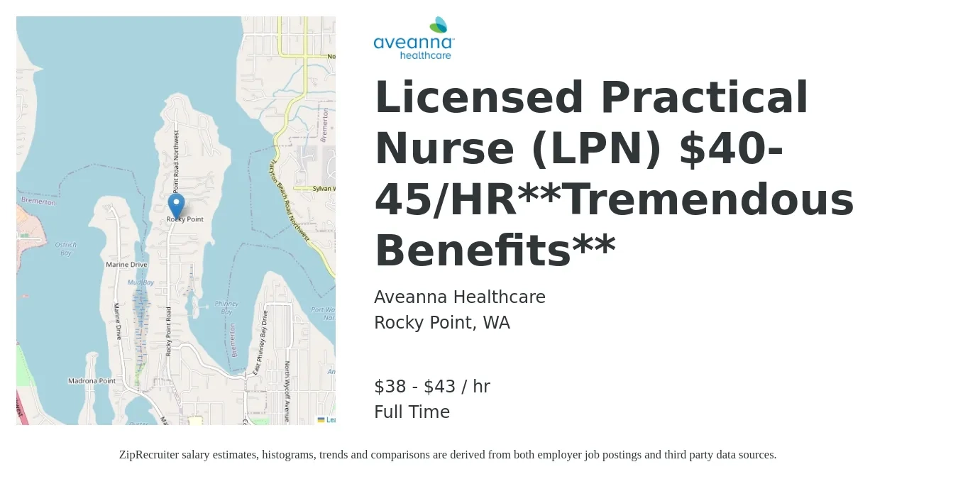 Aveanna Healthcare job posting for a Licensed Practical Nurse (LPN) $40-45/HR**Tremendous Benefits** in Rocky Point, WA with a salary of $40 to $45 Hourly with a map of Rocky Point location.