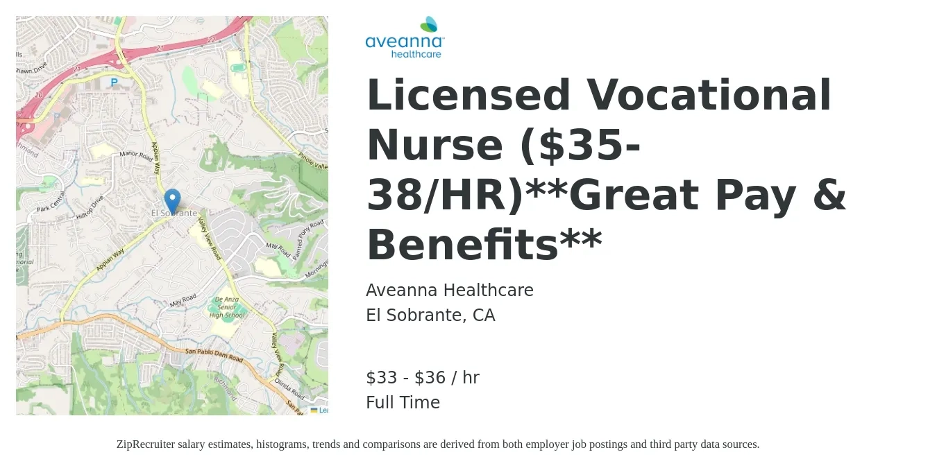 Aveanna Healthcare job posting for a Licensed Vocational Nurse ($35-38/HR)**Great Pay & Benefits** in El Sobrante, CA with a salary of $35 to $38 Hourly with a map of El Sobrante location.