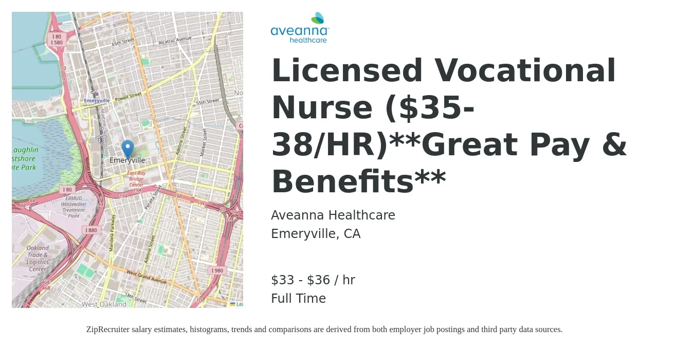 Aveanna Healthcare job posting for a Licensed Vocational Nurse ($35-38/HR)**Great Pay & Benefits** in Emeryville, CA with a salary of $35 to $38 Hourly with a map of Emeryville location.