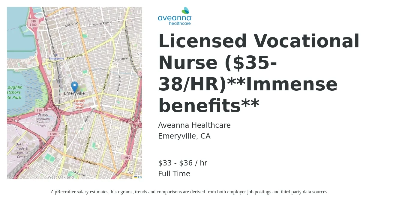 Aveanna Healthcare job posting for a Licensed Vocational Nurse ($35-38/HR)**Immense benefits** in Emeryville, CA with a salary of $35 to $38 Hourly with a map of Emeryville location.
