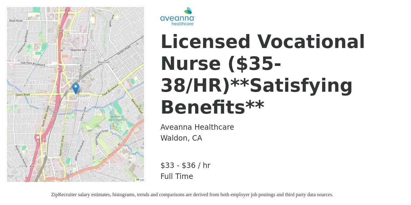 Aveanna Healthcare job posting for a Licensed Vocational Nurse ($35-38/HR)**Satisfying Benefits** in Waldon, CA with a salary of $35 to $38 Hourly with a map of Waldon location.