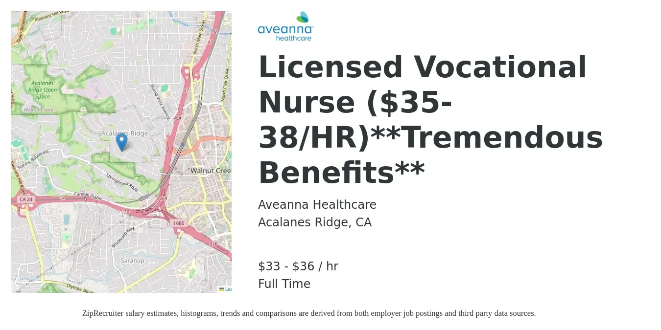 Aveanna Healthcare job posting for a Licensed Vocational Nurse ($35-38/HR)**Tremendous Benefits** in Acalanes Ridge, CA with a salary of $35 to $38 Hourly with a map of Acalanes Ridge location.