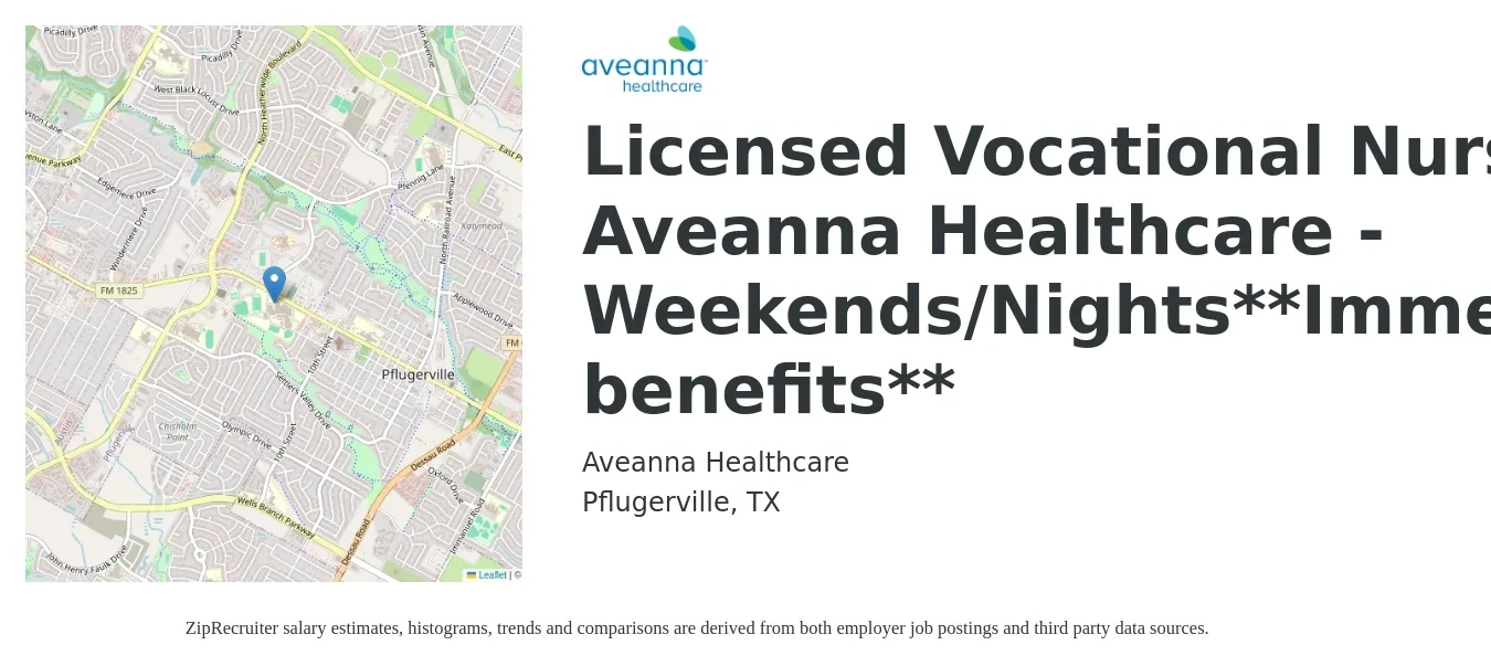 Aveanna Healthcare job posting for a Licensed Vocational Nurse - Aveanna Healthcare - Weekends/Nights**Immense benefits** in Pflugerville, TX with a salary of $26 to $35 Hourly with a map of Pflugerville location.