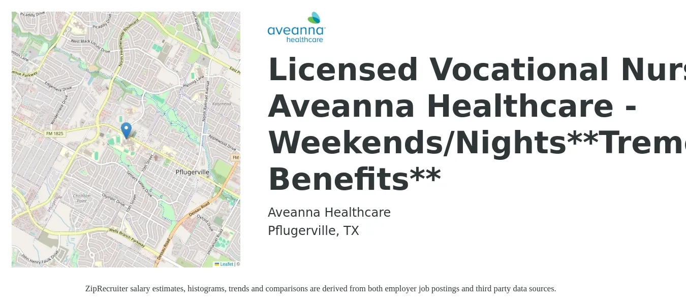 Aveanna Healthcare job posting for a Licensed Vocational Nurse - Aveanna Healthcare - Weekends/Nights**Tremendous Benefits** in Pflugerville, TX with a salary of $26 to $34 Hourly with a map of Pflugerville location.