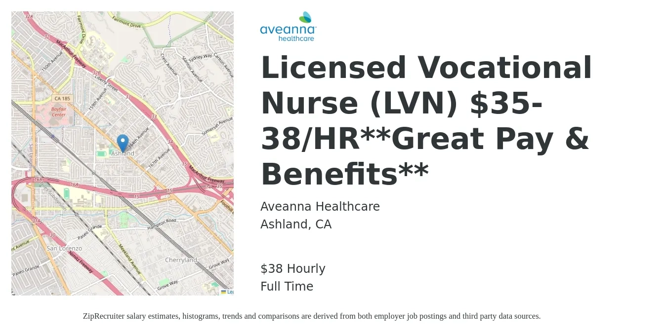 Aveanna Healthcare job posting for a Licensed Vocational Nurse (LVN) $35-38/HR**Great Pay & Benefits** in Ashland, CA with a salary of $40 Hourly with a map of Ashland location.