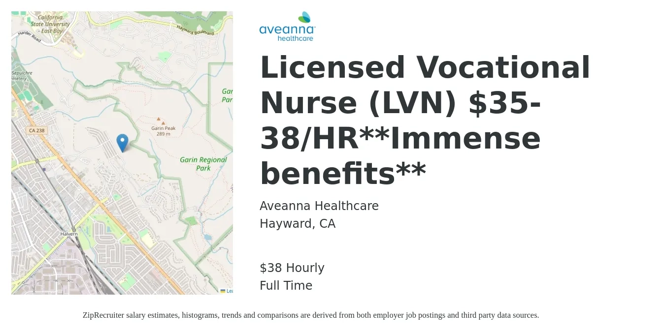 Aveanna Healthcare job posting for a Licensed Vocational Nurse (LVN) $35-38/HR**Immense benefits** in Hayward, CA with a salary of $40 Hourly with a map of Hayward location.