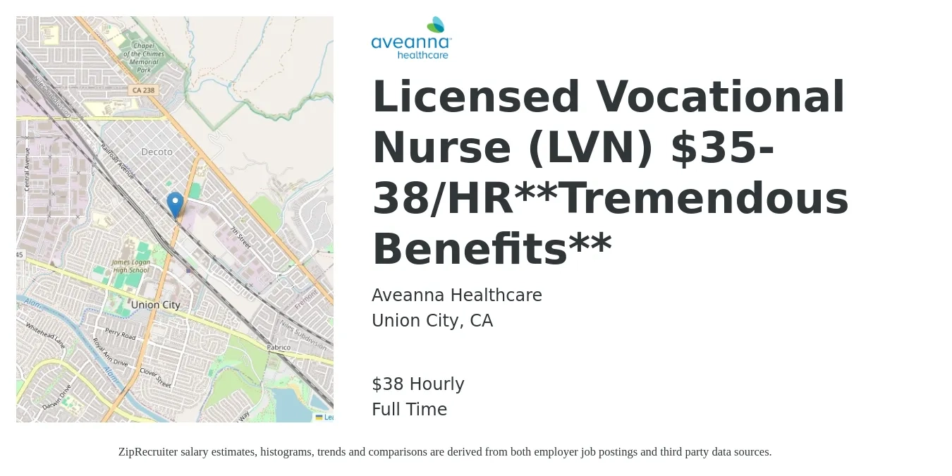 Aveanna Healthcare job posting for a Licensed Vocational Nurse (LVN) $35-38/HR**Tremendous Benefits** in Union City, CA with a salary of $40 Hourly with a map of Union City location.