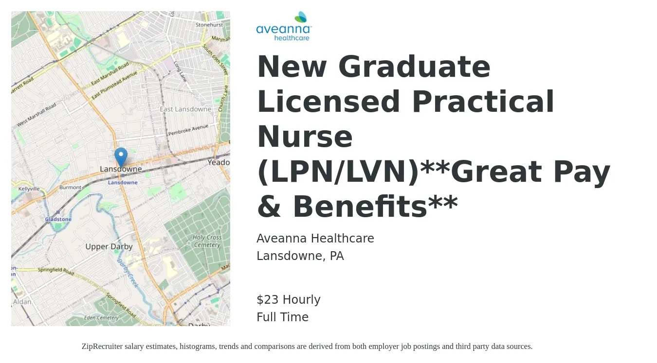 Aveanna Healthcare job posting for a New Graduate Licensed Practical Nurse (LPN/LVN)**Great Pay & Benefits** in Lansdowne, PA with a salary of $24 Hourly with a map of Lansdowne location.