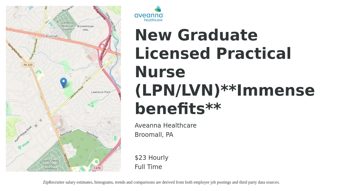 Aveanna Healthcare job posting for a New Graduate Licensed Practical Nurse (LPN/LVN)**Immense benefits** in Broomall, PA with a salary of $24 Hourly with a map of Broomall location.