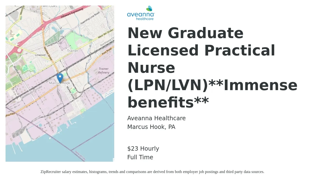 Aveanna Healthcare job posting for a New Graduate Licensed Practical Nurse (LPN/LVN)**Immense benefits** in Marcus Hook, PA with a salary of $24 Hourly with a map of Marcus Hook location.