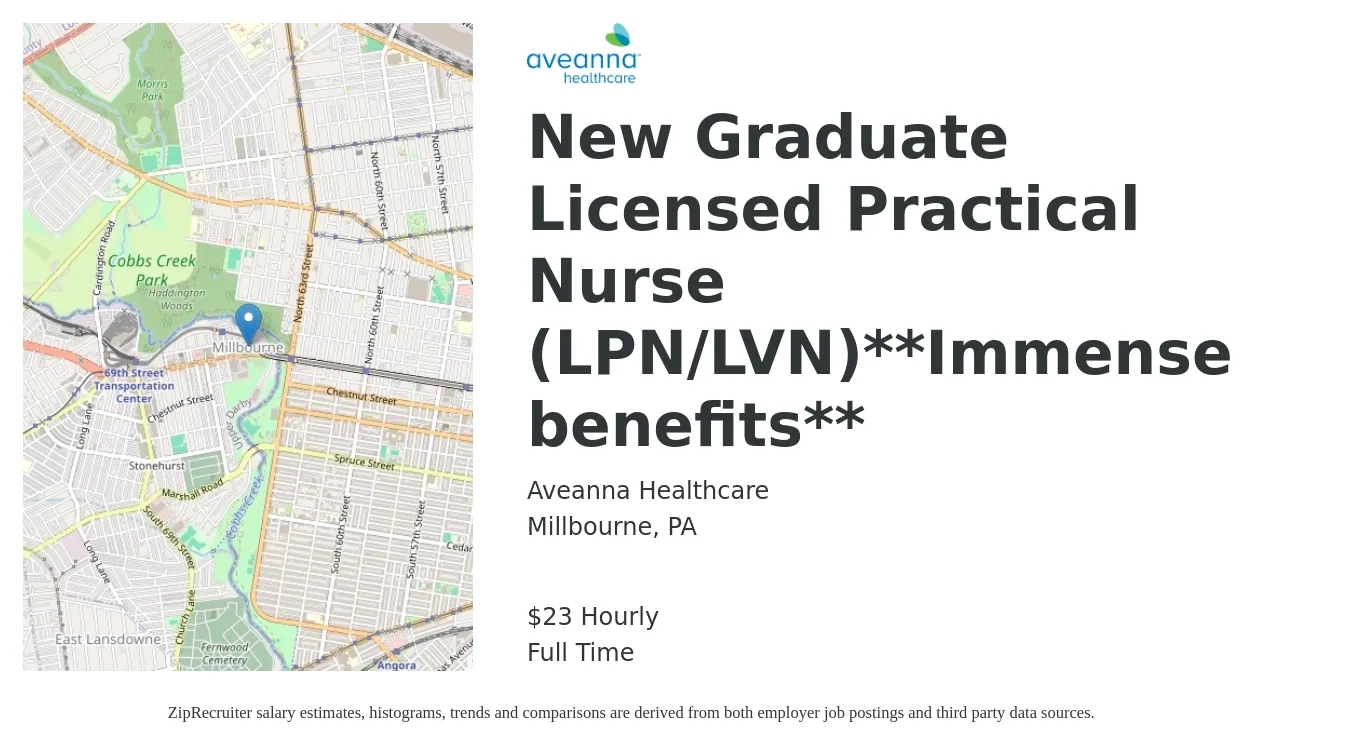 Aveanna Healthcare job posting for a New Graduate Licensed Practical Nurse (LPN/LVN)**Immense benefits** in Millbourne, PA with a salary of $24 Hourly with a map of Millbourne location.