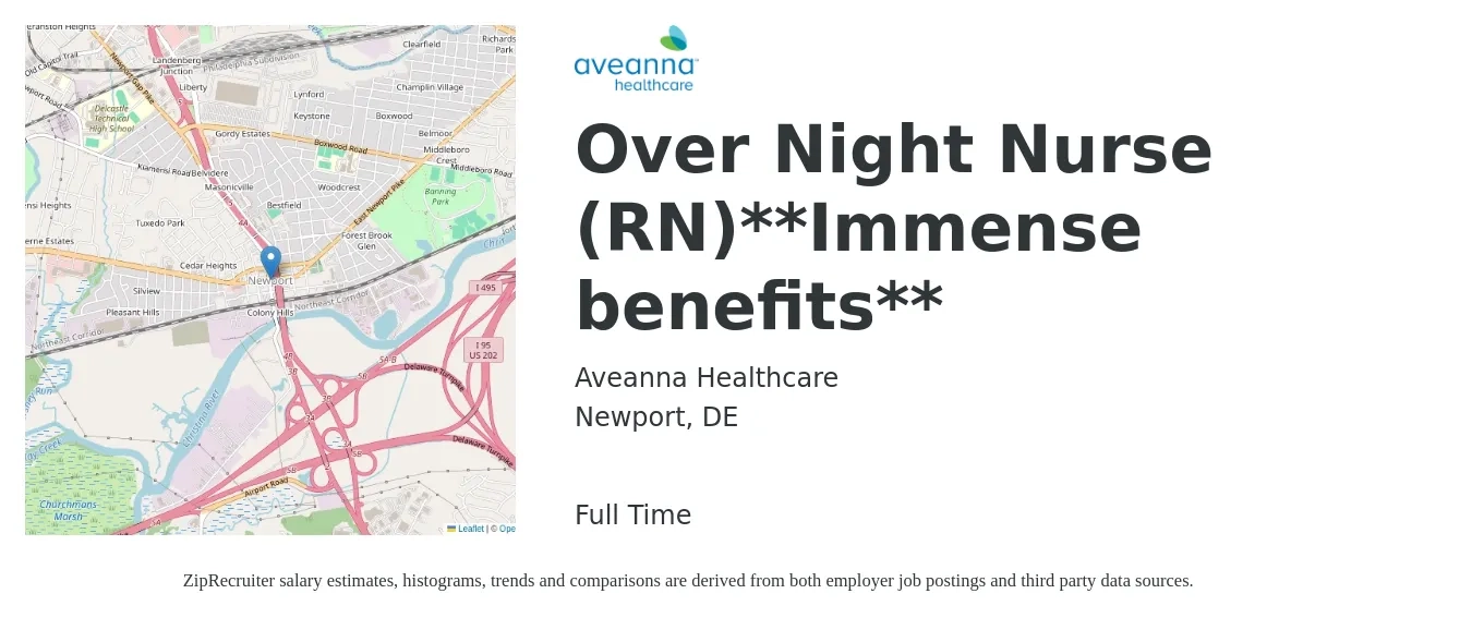 Aveanna Healthcare job posting for a Over Night Nurse (RN)**Immense benefits** in Newport, DE with a salary of $34 to $52 Hourly with a map of Newport location.