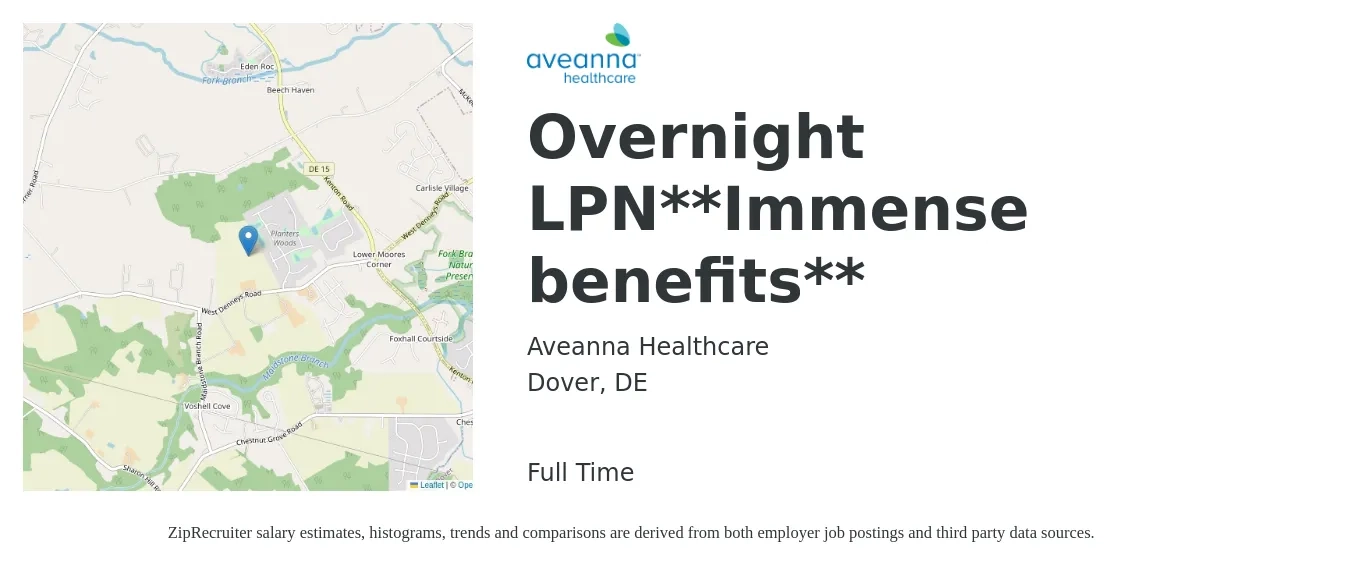 Aveanna Healthcare job posting for a Overnight LPN**Immense benefits** in Dover, DE with a salary of $26 to $35 Hourly with a map of Dover location.