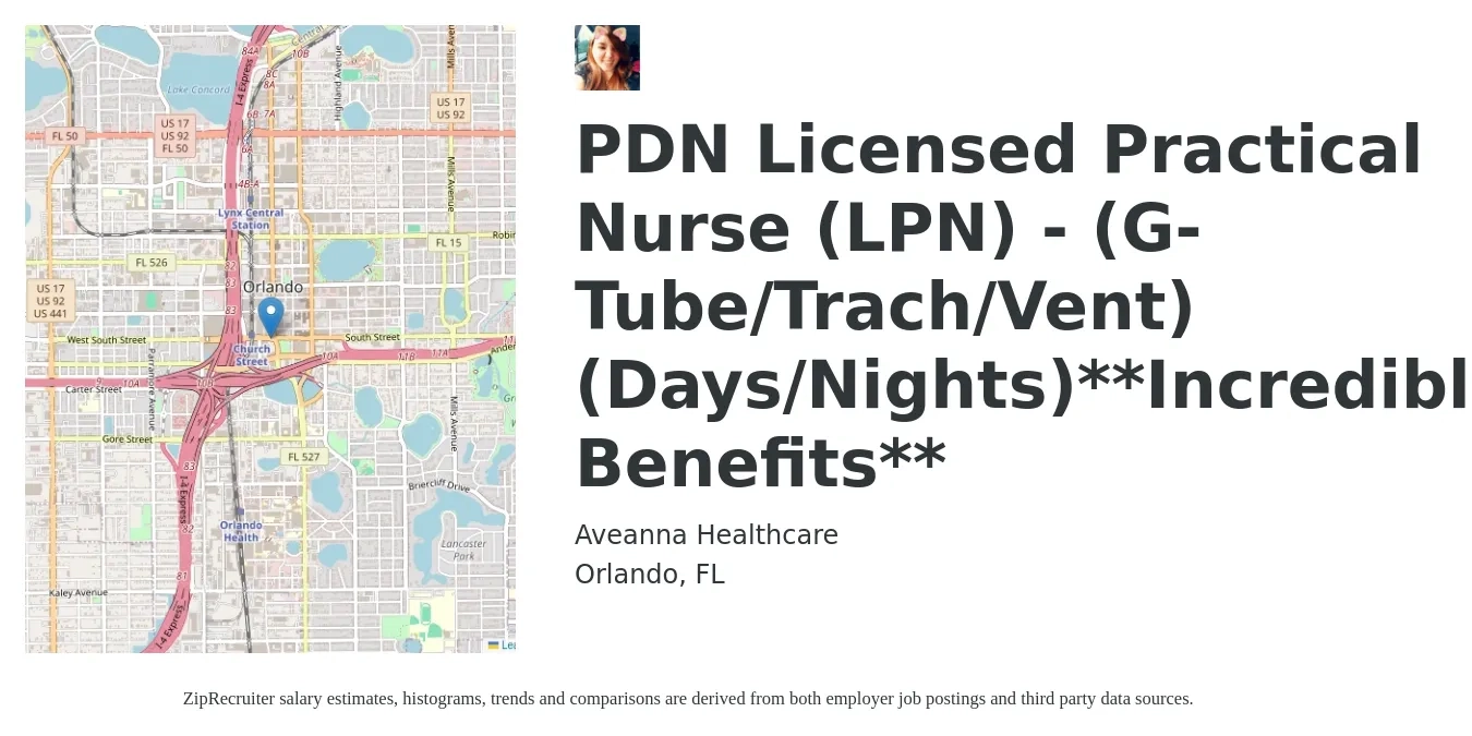 Aveanna Healthcare job posting for a PDN Licensed Practical Nurse (LPN) - (G-Tube/Trach/Vent) (Days/Nights)**Incredible Benefits** in Orlando, FL with a salary of $24 to $33 Hourly with a map of Orlando location.