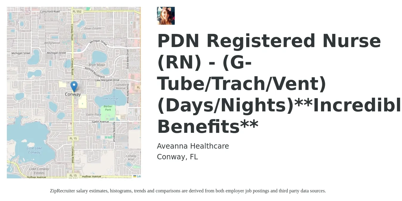 Aveanna Healthcare job posting for a PDN Registered Nurse (RN) - (G-Tube/Trach/Vent) (Days/Nights)**Incredible Benefits** in Conway, FL with a salary of $30 to $47 Hourly with a map of Conway location.