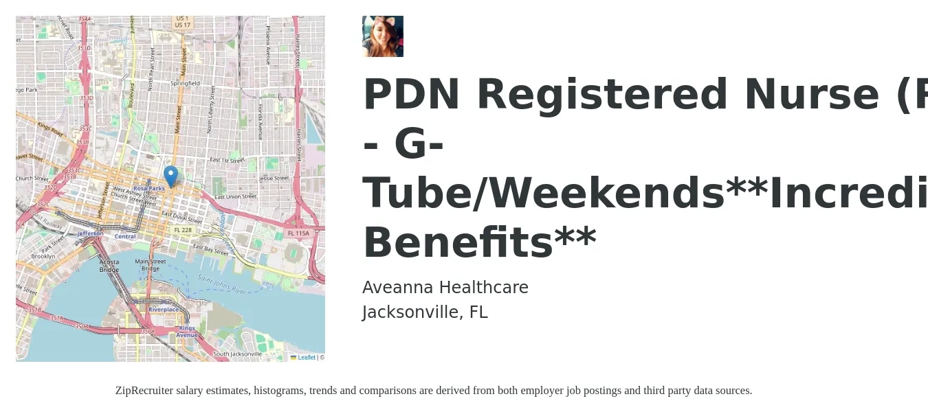 Aveanna Healthcare job posting for a PDN Registered Nurse (RN) - G-Tube/Weekends**Incredible Benefits** in Jacksonville, FL with a salary of $32 to $50 Hourly with a map of Jacksonville location.