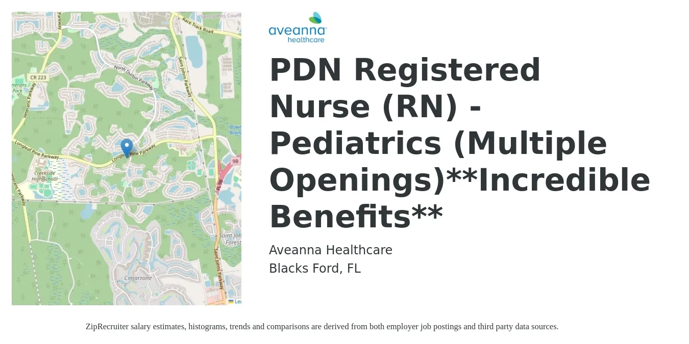 Aveanna Healthcare job posting for a PDN Registered Nurse (RN) - Pediatrics (Multiple Openings)**Incredible Benefits** in Blacks Ford, FL with a salary of $28 to $44 Hourly with a map of Blacks Ford location.