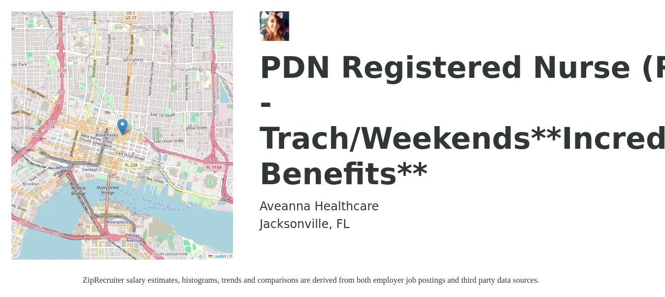 Aveanna Healthcare job posting for a PDN Registered Nurse (RN) - Trach/Weekends**Incredible Benefits** in Jacksonville, FL with a salary of $30 to $48 Hourly with a map of Jacksonville location.