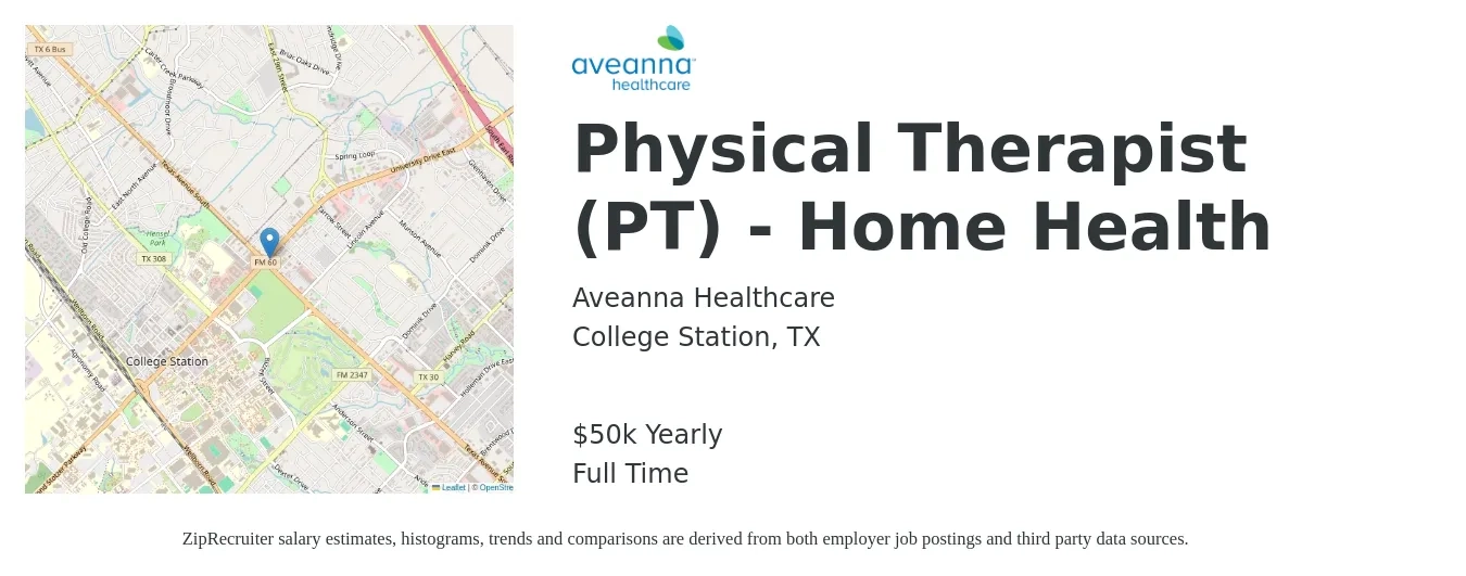 Aveanna Healthcare job posting for a Physical Therapist (PT) - Home Health in College Station, TX with a salary of $50,000 Yearly with a map of College Station location.