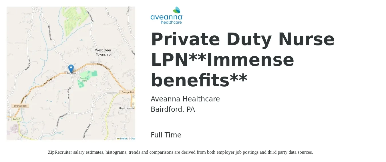 Aveanna Healthcare job posting for a Private Duty Nurse LPN**Immense benefits** in Bairdford, PA with a salary of $24 to $31 Hourly with a map of Bairdford location.