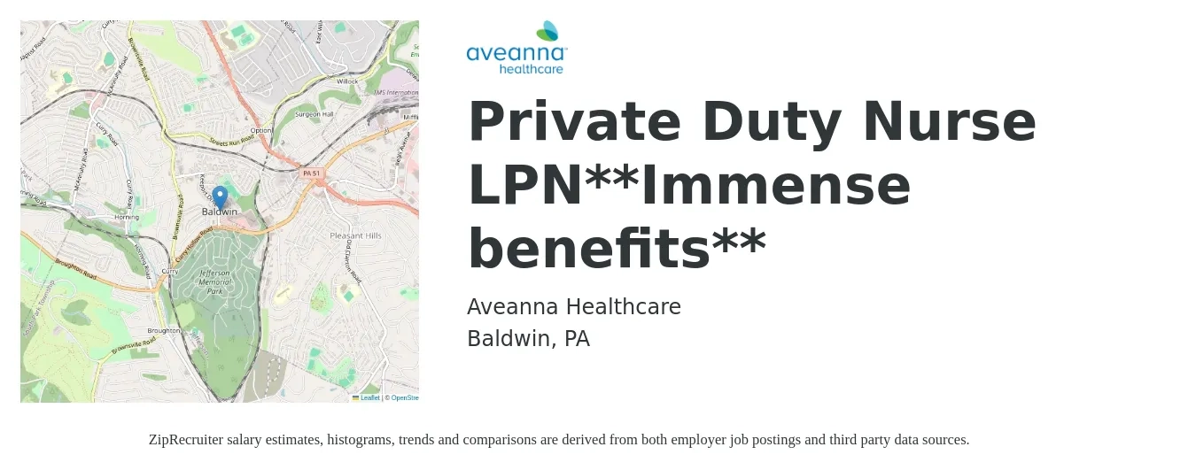 Aveanna Healthcare job posting for a Private Duty Nurse LPN**Immense benefits** in Baldwin, PA with a salary of $24 to $32 Hourly with a map of Baldwin location.